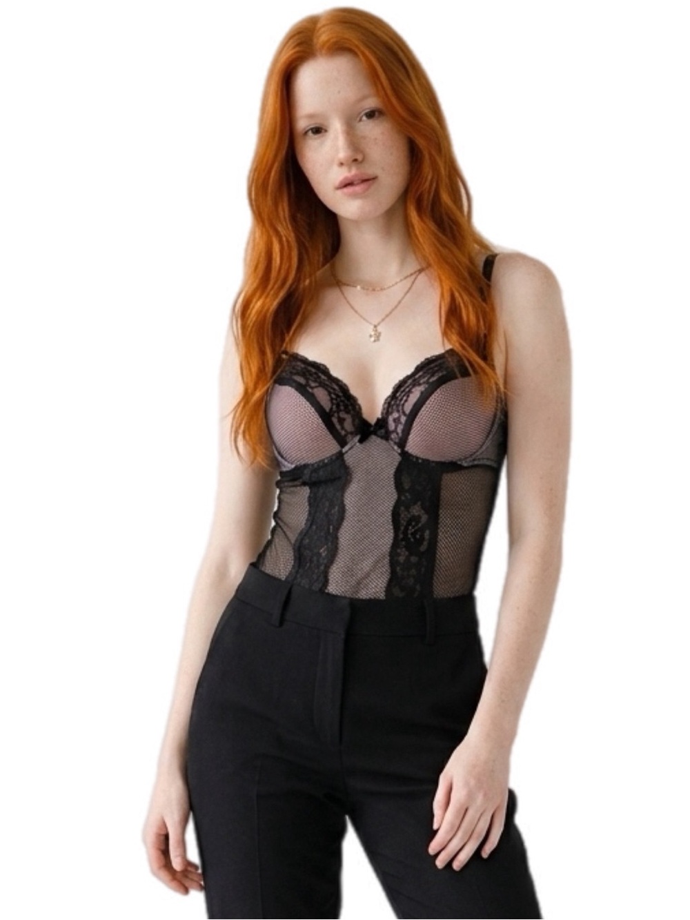 90s European Vintage Fishnet Lace Corset Bodysuit (Black/Pink) Size Medium